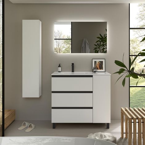 Meuble de salle de bain BEQUIA PLUS METAL 3C 90cm Blanc mat Vasque Porcelaine Robinet à gauche 1P (1/5)