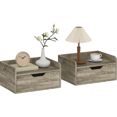 Set di 2 comodini a parete con cassetto e piano con bordo rialzato, 40x30x19,5 cm, grigio.
