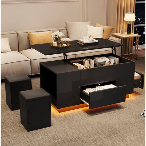 Table salon relevable rangement 100 50 45 cm noir LED OKMYHOME (1/5)