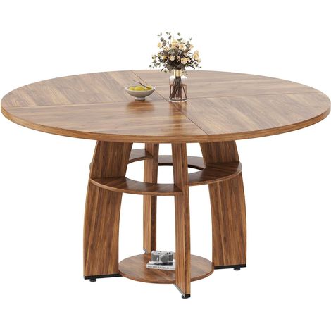 Table à manger ronde 120 cm avec étagère - Plateau MDF très stable - Pieds réglables, gain de place - Pour 4 à 6 personnes - Idéale cuisine ou salle à manger - Finition noyer - Standard européen (1/4)