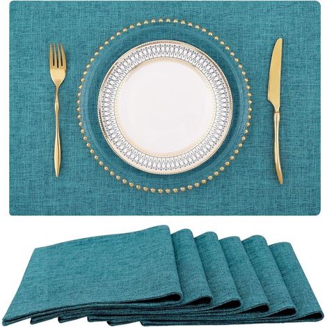 Ensemble de 6 sets de table (aspect lin et coton) Sets de table lavables de style champêtre pour une utilisation intérieure et extérieure, faciles à nettoyer, bleu paon, 1 (1/5)