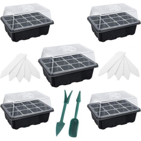 5 Pack Black Seedling Tray Mini Seed Starter Greenhouse Vegetable Planter for Seed Starting 12 Holes with Planting Tools and Plant Labels (1/5)