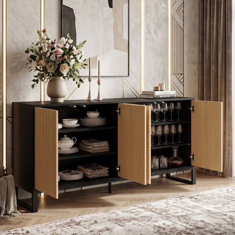 Creahappy Buffet Enfilade 160x40x75 cm - Grand Rangement Salon - 4 Portes Relief Cannelé Bois et Métal Noir - Étagères Réglables (1/5)