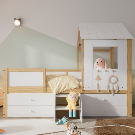 Lit enfant 90x200cm, lit mi-hauteur, lit cabane avec toit et fenêtre, avec 4 tiroirs et petit escalier, blanc+naturel (1/4)