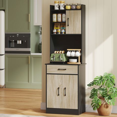 Buffet haut cuisine. armoire de cuisine. tiroir. 3 portes. étagères ouvertes. plan de travail. 60x40x180cm. bois naturel