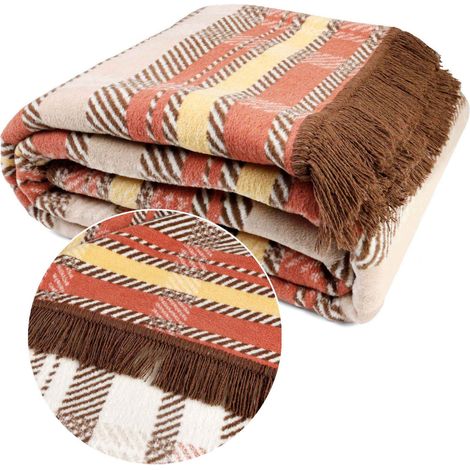 Coperta in cotone 150x200 con frange a motivo geometrico a quadri, double-face (1/5)