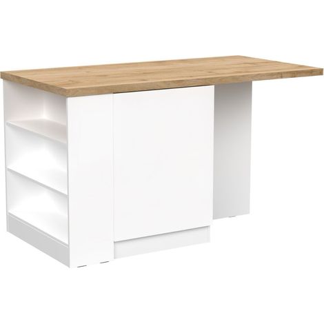 Ilot de cuisine 160cm avec angle laqué blanc plateau aspect bois finition Cadiz - ALVA (1/5)