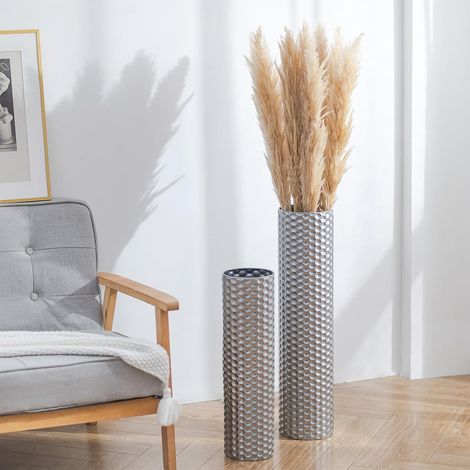 Grand Vase à Poser au Sol: 70/55 cm Vase de Sol Argenté Lot de 2 Hauts pour Plantes Artificielles Herbe de Pampa - Vases Fleur Texture Nid d'abeille pour Décor de Salon Couloir Cheminée (1/5)