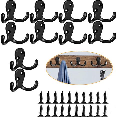 Lot de 10 Crochet mural, double crochet en zinc, support 16 kg, pour entrée salle de bain