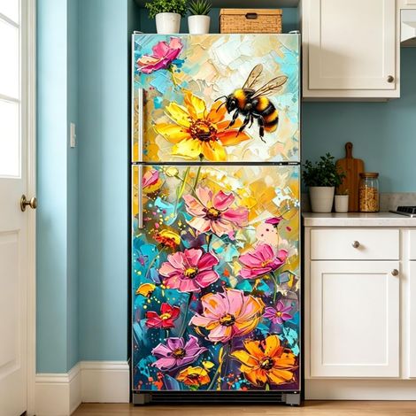 2 feuille D'Autocollants pour Porte de Réfrigérateur Fleurs et Abeilles Revêtements Muraux Adhésifs Amovibles 3D pour Porte de Réfrigérateur Décoration pour la Maison la Cuisine et le Bar (1/5)