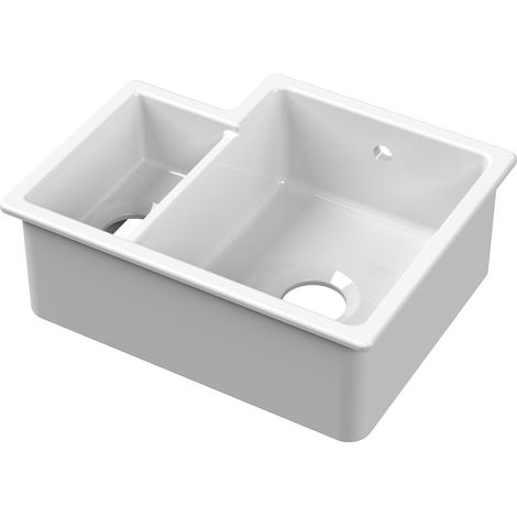 Fireclay 1.5 Bowl Right Hand Undermount Kitchen Sink & Overflow, 457mm - White