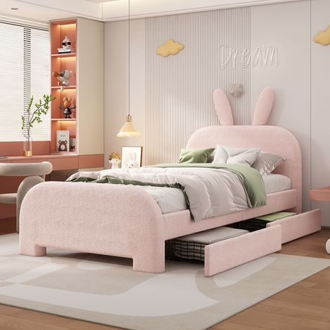 Lit rembourré lapin rose 90x200cm avec tiroirs laine mouton