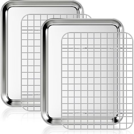 Plaque à pâtisserie avec grille de refroidissement, 2 plaques inox + 2 grilles pour four, plaque rectangulaire 26,5 x 20,5 x 2,5 cm pour cuisiner et servir (1/5)