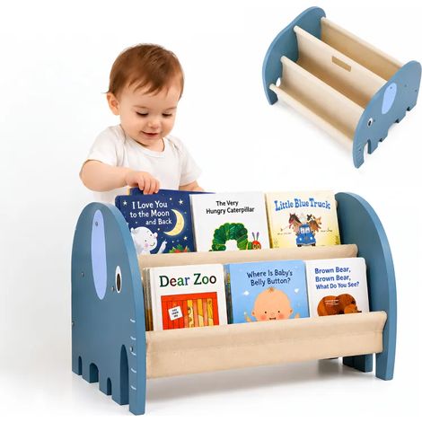 Bibliothèque enfant double‑face en bois, étagère de rangement portable à deux niveaux, modèle éléphant Montessori, meuble de lecture et rangement de jouets, pour coin lecture et salle de jeux (1/5)