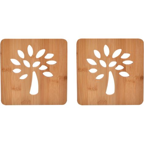 Lot de 2 sets de table carrés à motif arbre - Dessous de plat épais en bambou pour casseroles et bols - Dessous de plat isolant thermique - 16 x 16 x 0,8 cm - Couleur bois (1/5)