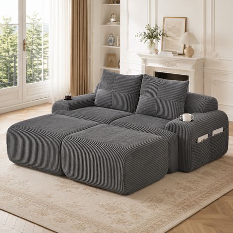 Canapé modulable velours côtelé 2 places 2 poufs combinable porte-gobelet poche rangement latérale salon séjour design moderne gris foncé (1/5)