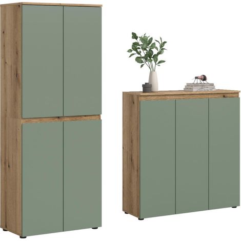 Scarpa Schlafzimmer-Set Kleiderschrank und Sideboard, 7 Türen Eiche Dekor, staubgrün.