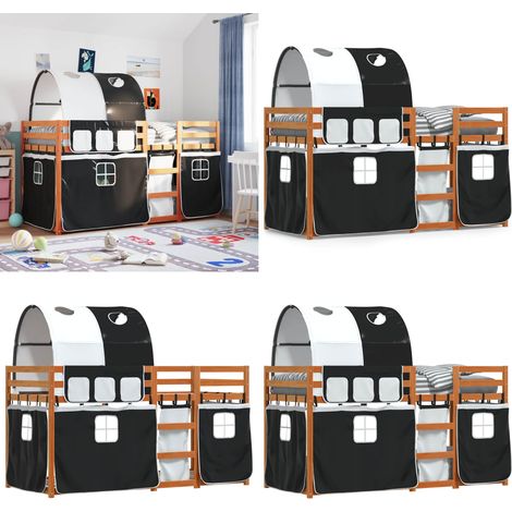Etagenbett mit Vorhängen Weiß & Schwarz 90x190 cm Kiefernholz - Kinderzimmermöbel - Hochbett - Etagenbett - Jugendzimmer - Holzbett - Home & Living