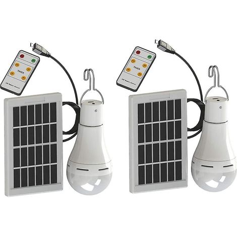 Lot de 2 lampes solaires LED, ampoules ultra-lumineuses de 9 W à énergie solaire avec télécommande, idéales pour le camping ou les situations d'urgence. (1/3)