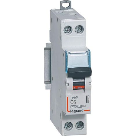 Disjoncteur Phase+Neutre DNX³4500 6kA arrivée et sortie borne à vis - 1P+N 230V 6A courbe C - 1 module - 406772 - LEGRAND