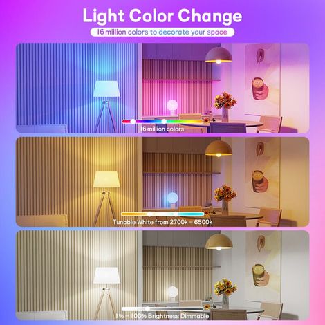 Ampoules LED intelligentes WiFi Bluetooth à intensité et couleur réglables, avec minuterie et télécommande, 10 W (lot de 4)