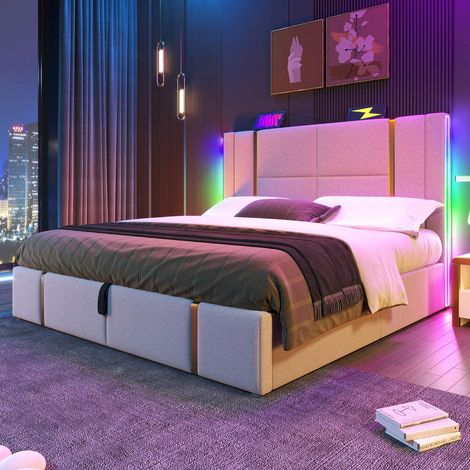 Lit coffre rembourré 180x200 cm en lin beige avec sommier à lattes inclus, LED RGB, USB Type-C, rangement hydraulique et tête de lit avec chargeur sans matelas (1/5)