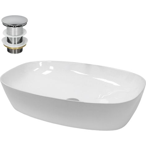 ECD Germany Lavabo Cerámico Ovalado con Agujero Conexión Estandar - Blanco - Lavamanos Sobre Encimera - 350 x 205 x 125 mm - Diseño Moderno - Fregadero con Juego de Desagüe - Realza cada Baño o Aseo (1/5)