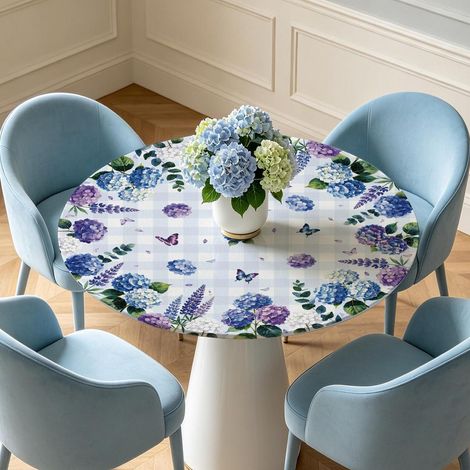 Tischdecke rund mit Gummizug Ø112cm, Hortensien & Lavendel, abwaschbar
