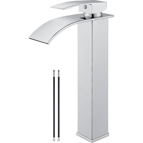 Robinet de lavabo noir mat avec grand bec rectangulaire, robinet de lavabo de salle de bain (argent) (1/4)