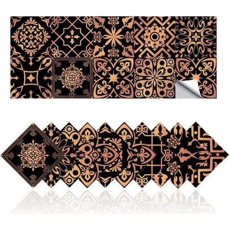 Adhesivos para azulejos, adhesivos retro dorados y negros para paredes de cocina y baño, decoración autoadhesiva de PVC resistente al aceite, estilo marroquí (20,15 x 15 cm) (1/5)