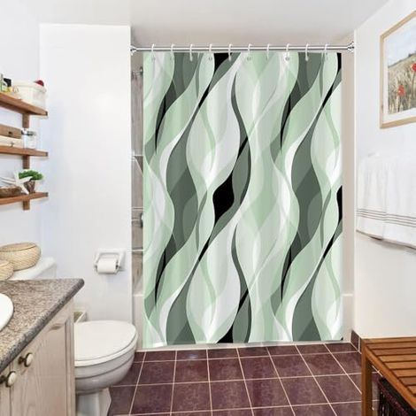Rideau Douche Anti Moisissure, Rideau de Douche Vert Sauge Abstrait Reyures Rayé Rideaux de Baignoire Tissu Imperméable Lavable Polyester Rideaux Salle de Bain avec 10 Crochets 180x200cm (1/4)