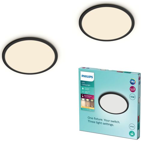 Plafonnier LED Superslim pour salle de bains, noir, 15W, lumière blanc chaud 2.700K, 3 réglages de lumière, variateur sans gradateur, protection IP44, pack de deux (1/4)