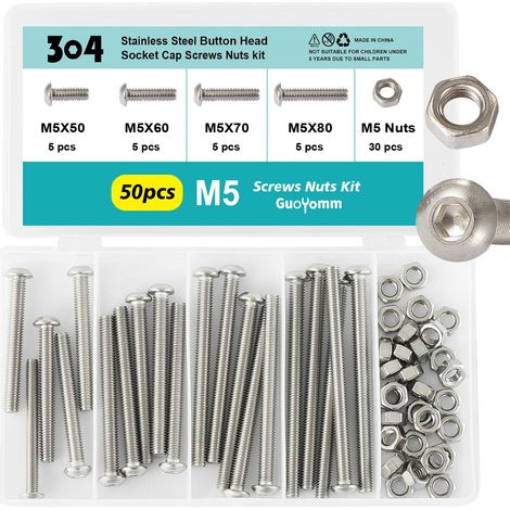 Jeu de vis M5, 50 pièces vis à tête bombée à six pans creux avec écrous, acier inoxydable 304, jeu de boulons mécaniques entièrement filetés dans boîte combinée, longueurs : 50 mm, 60 mm, 70 (1/5)