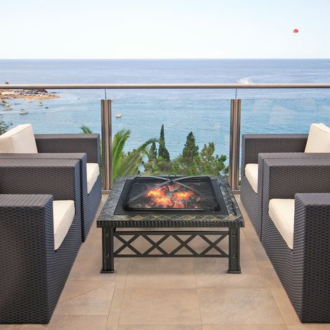 Outsunny 3-in-1 Feuerschale Feuerkorb Feuerstelle mit Funkenschutz Grillrost Eiskübel Garten BBQ Schwarz 76cm x 76cm x 47cm