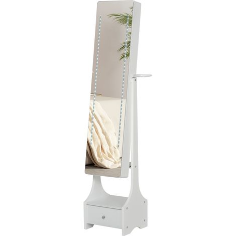 Jewellery Cabinet, Full Length Mirror with Storage, Free Standing Mirror with LED Lights, Hooks, Drawer Hairdryer Holder for Bedroom, White (1/5)
