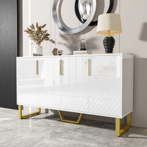 140 cm Sideboard, Aufbewahrungsmöbel mit 4 Türen, Metallgriffen und -beinen, geometrisches Design in Weiß
