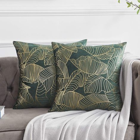 Velours Housses de Coussin 45x45 cm Decoration Imprimé Or Taie d'oreiller pour Canapé Chambre Voiture Salon Coussin Couverture Vert Lot de 2 (1/5)