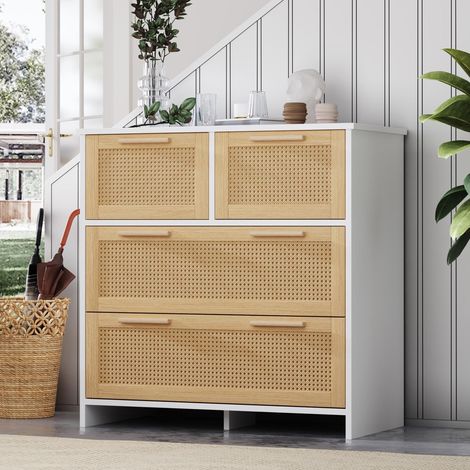 Comò 80 cm, con 4 cassetti in rattan, maniglie in legno massello, stile rustico - Bianco