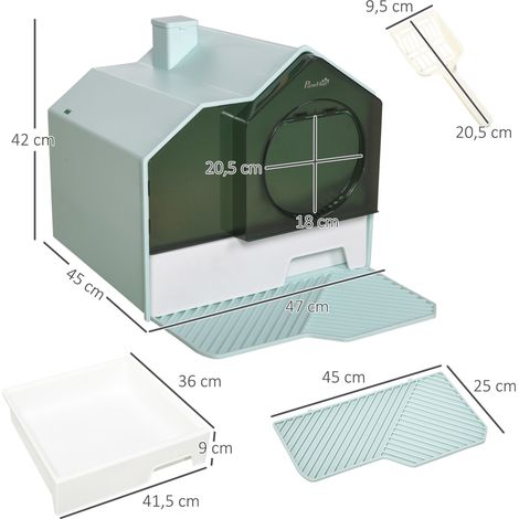 Katzentoilette Katzenklo, Hütten-Design, 1 Siebvorleger, 1 Streuschaufel, herausnehmbare Bodenwanne, Grün + Weiß (1/5)