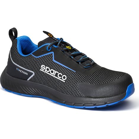 Sparco Traction Suzuka scarpa di sicurezza da lavoro ESD S1PS SR FO HRO TG 43 nere con dettagli azzurri in tessuto anti-abrasione riflettente calzature antinfortunistiche Nero/Azzurro 43