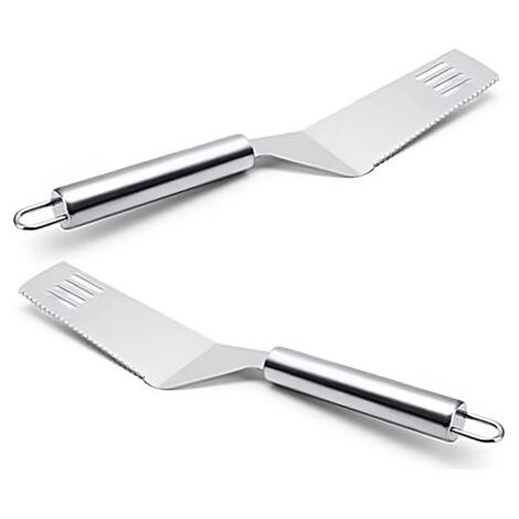 Set aus zwei multifunktionalen Küchenspateln aus Edelstahl mit rechteckigen Köpfen und Aufhängeösen. Sie eignen sich zur Zubereitung von Kuchen, Lasagne, Torten und Pizza. Die Spatel sind 28 cm lang u (1/4)