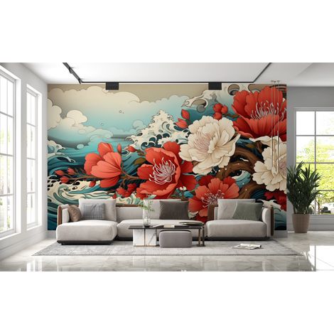 Papier peint nature - vagues japonaises et fleurs de cerisier blanches - 150 x 250 cm (1/2)