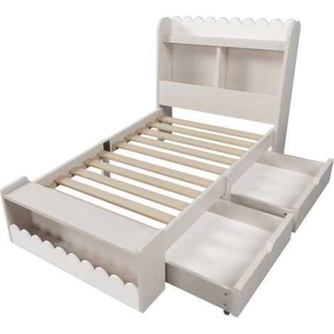 CAIziLit enfant 90x190 bois blanc/chêne avec tiroirs, étagère et rangement (1/5)