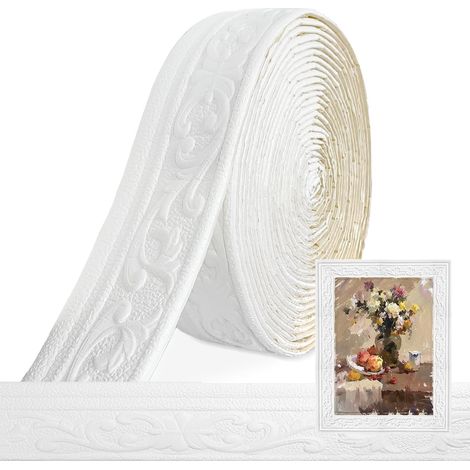 Frise autocollante 3D, blanche, 8 cm (l) x 5 mm (P) x 10 m (L) – Moulures décoratives autocollantes pour mur, étanche, moulures murales autocollantes pour coins, lignes, plafonds (1/5)