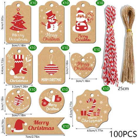 Cartons d'étiquettes de Noël en papier kraft 100 pièces + cordes Chanvre Naturel et Rouge/Blanc (1/2)