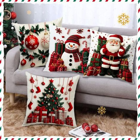 Taie d'oreiller décorative en lin peluche 45x45cm, motif bonhomme de neige, Père Noël et Joyeux Noël (1/4)