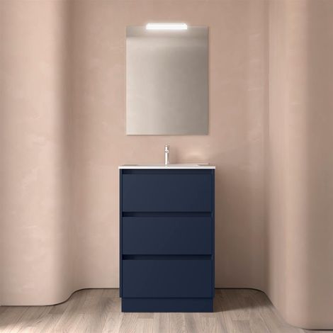 Ensemble complet Noja 600 3 tiroirs BLEU SATIN + meuble-lavabo + miroir + éclairage (1/4)