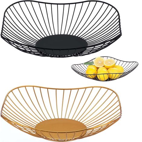 2 Pièces Corbeille à Fruits, Design Ajouré, Métal Noir et Or, Salon Cuisine