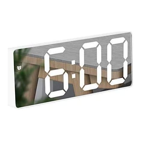 Réveil Miroir, Réveil Numérique avec Affichage à LED de Date/Température/Snooze/ 2 Alarme/Port de Recharge USB, pour Voyage Chambre Bureau Cuisine - Blanc (1/5)