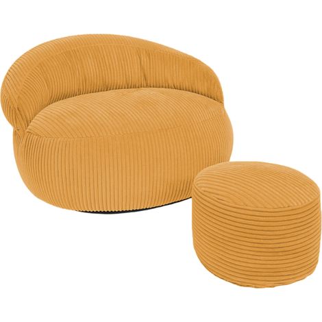 Pouf XXL déhoussable en velours côtelé BANANAIR 110x100 cm + repose-pieds jaune moutarde (1/5)